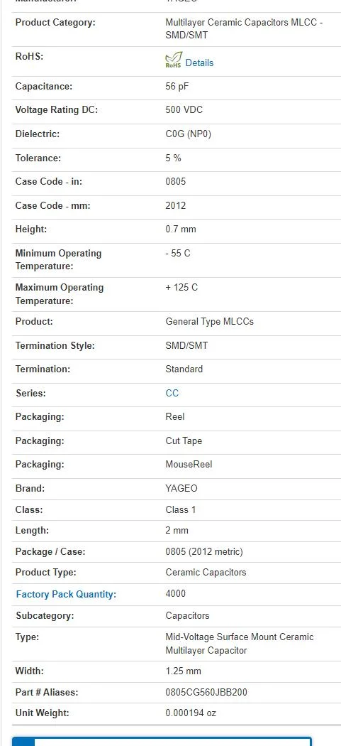 MLCC CC0805JRNPOBBN560 500V 56pF C0G 0805 5% High Voltage SMD/SMT Capacitor Yageo