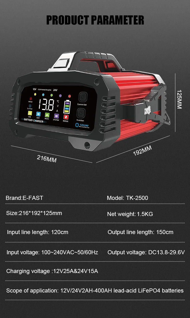 12V 24V Car Battery Charger 25A 20A 15A 8A 2A Lithium Ion and Lead Acid Battery Charger with Aluminum Case