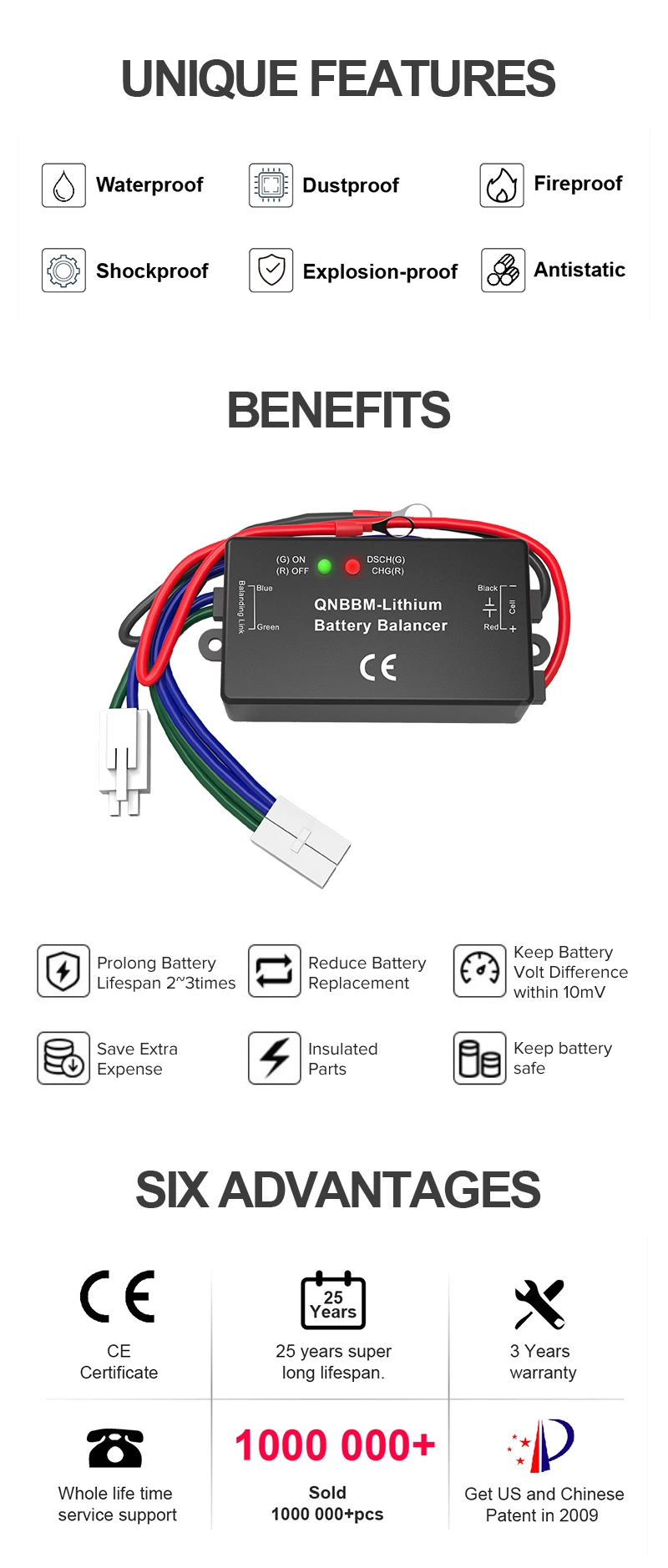 Qnbbm Active Balancer 6V Lithium Battery Equalizer Active Battery Balancer for LiFePO4 Lto Lincm 18650 Solar Power EV RV Car Boat