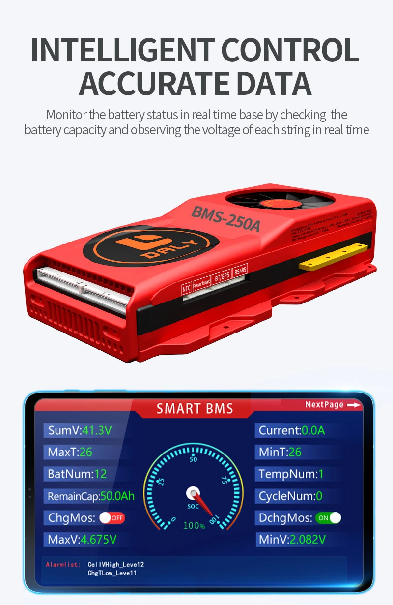 Deligreen Ebay Best Seller Smart BMS with Fan 4s 12V LiFePO4 Battery Protection Board 80A 100A 120A RS485 Bluetooth APP PC