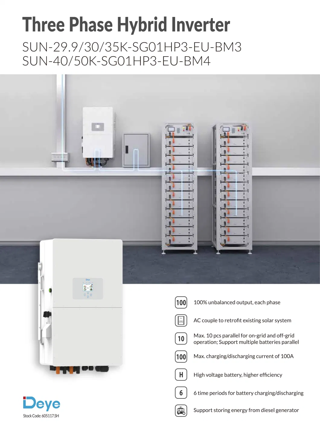 Deye Hybrid Inverter Three Phase Solar Power Inverter 30kw 35kw 40kw 50kw Smart MPPT Solar Inverter Matching Hv Lithium-Ion Battery