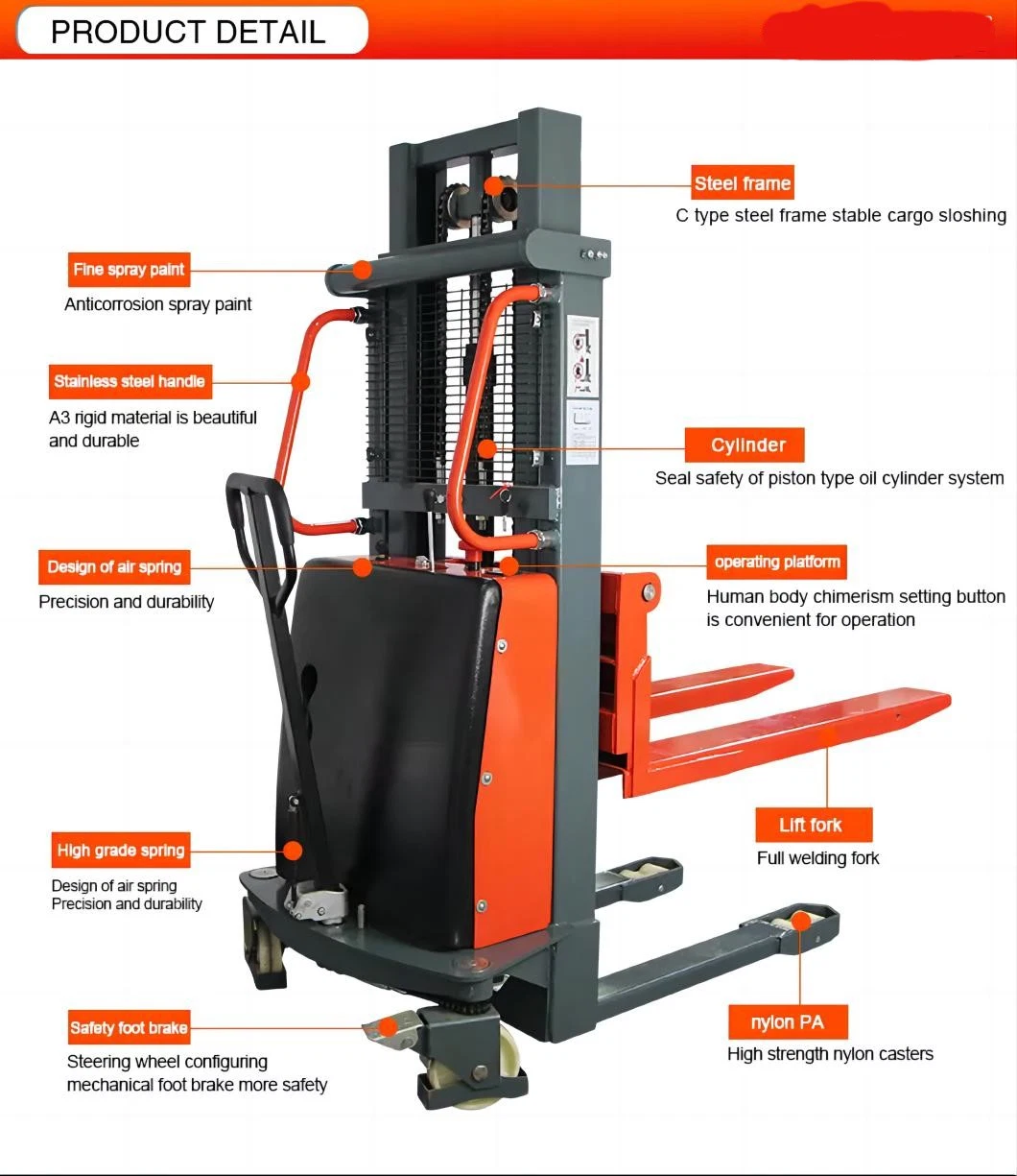 Semi -Electric Auto Pallet Stacker Semi Automatic Forklift Semi-Stacker1t 1.5t 2t Battery Operated Stacker 3m 4m 5m Lift