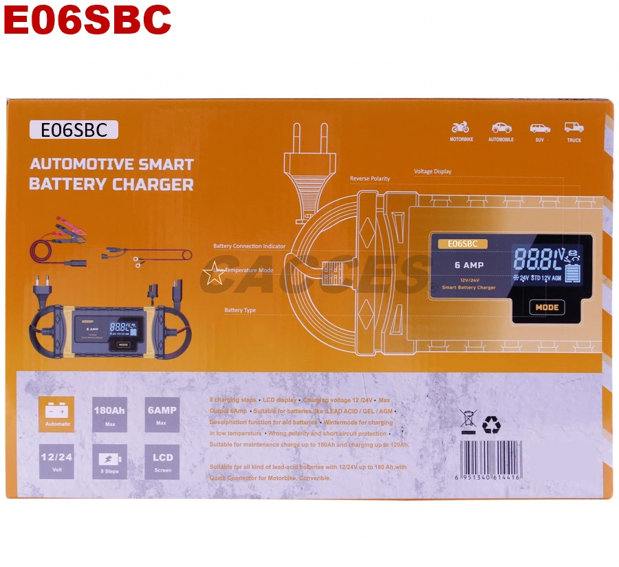 6 AMP Smart Battery Charger, 12V &amp; 24V Trickle Charger and Maintainer for Lead-Acid Battery, up to 120ah, Fully Automatic with Cable Clamps and O-Ring Terminals