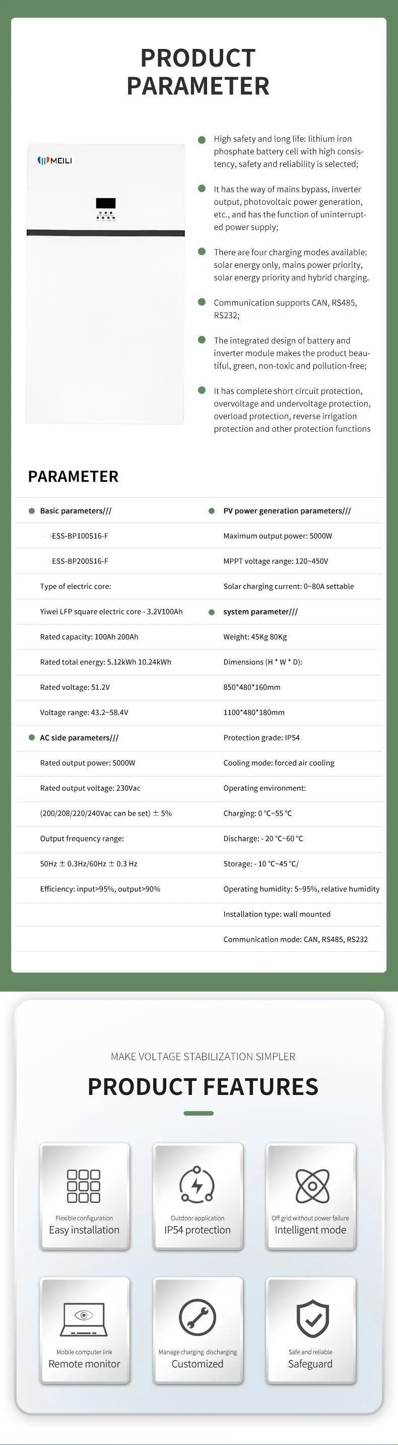 Lithium Battery 5kw/10kwh Energy Storage Battery and Inverter All in One