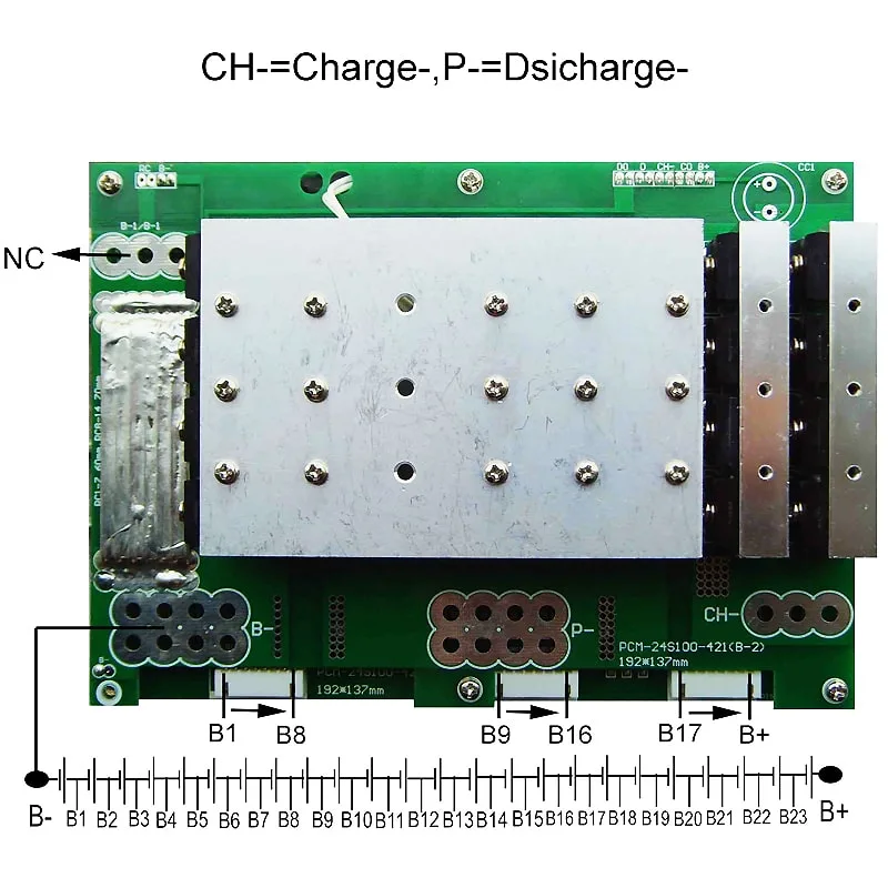 6s-24s 100A High Current BMS for 86.4V 88.8V Li-ion/Lithium/Li-Polymer 72V 76.8V LiFePO4 Battery Pack Size L192*W137*T45mm (PCM-24S100-421)