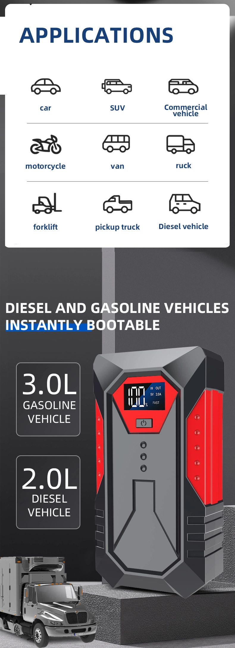 Fast Charge 800A High Power Car Bank and Air Pump Battery Jump Starter