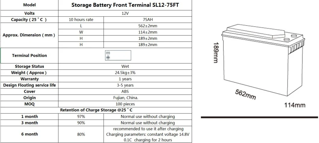 SL12-75FT 75Ah 12V Ft Mechanical Battery Storage For Medical Equipment