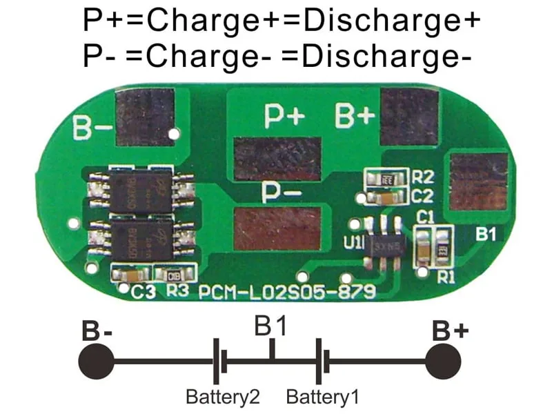 2s 5A BMS for 7.2V 7.4V Li-ion/Lithium/Li-Polymer 6V 6.4V LiFePO4 Battery Pack Size L34.5*W16*T4mm (PCM-L02S05-879)