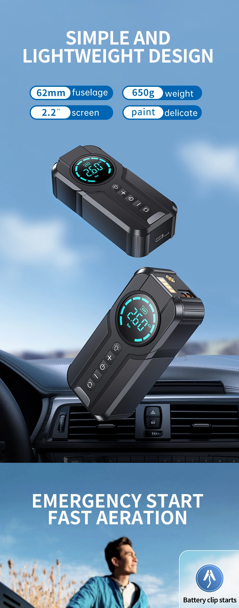 Compact &amp; Capable Jump Starter: Multi-Function Battery Booster for Cars &amp; Electronics