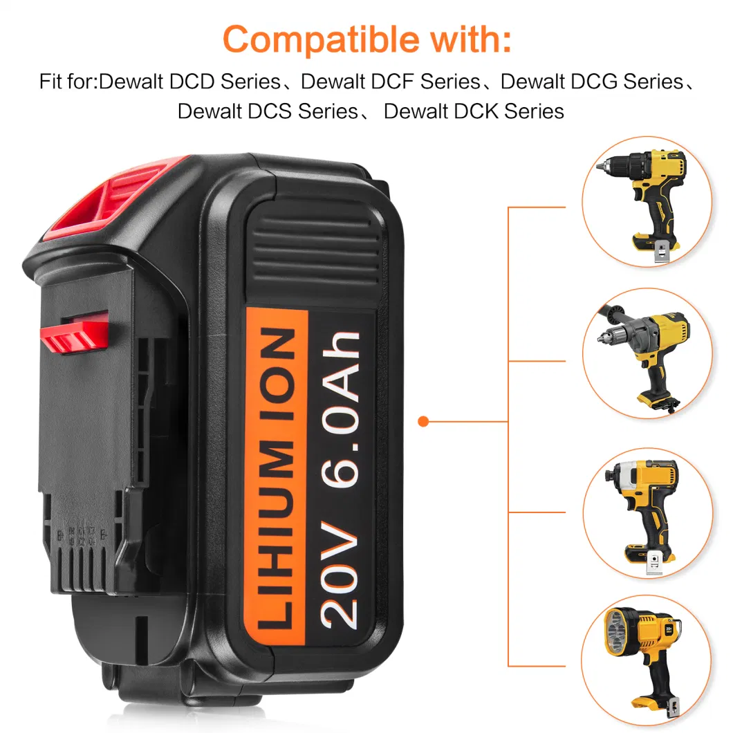 6.0ah 20V Max Lithium Ion Replacement Battery Dcb200 Dcb201 Dcb203 Dcb204 Dcb205 Dcb206 Dcb207 Compatible with Dcd/Dcf/Dcg/Dcs 20 Volt Series Tools