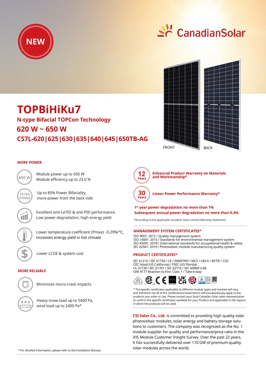 620W N Type Bifacial Solar Electrical Generator Topcon Canadian Sun Panel Solar