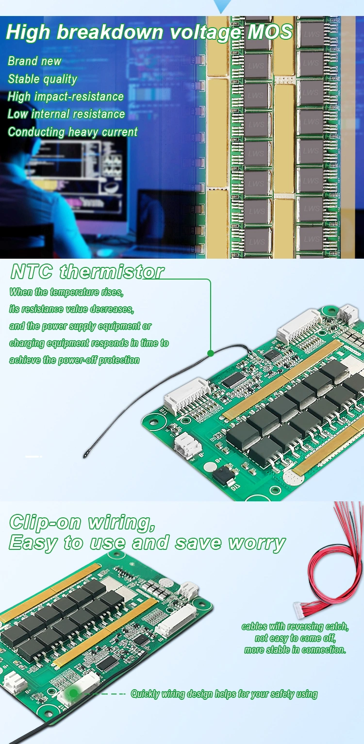 Lws Smart Li-ion BMS with Canbus Buzzer 4 Ntc 13s 14s 16s 20s 48V 60V 72V 30A 40A 50A 60A 80A Lithium Ion Battery BMS with Tempereture Switch Balance Bluetooth