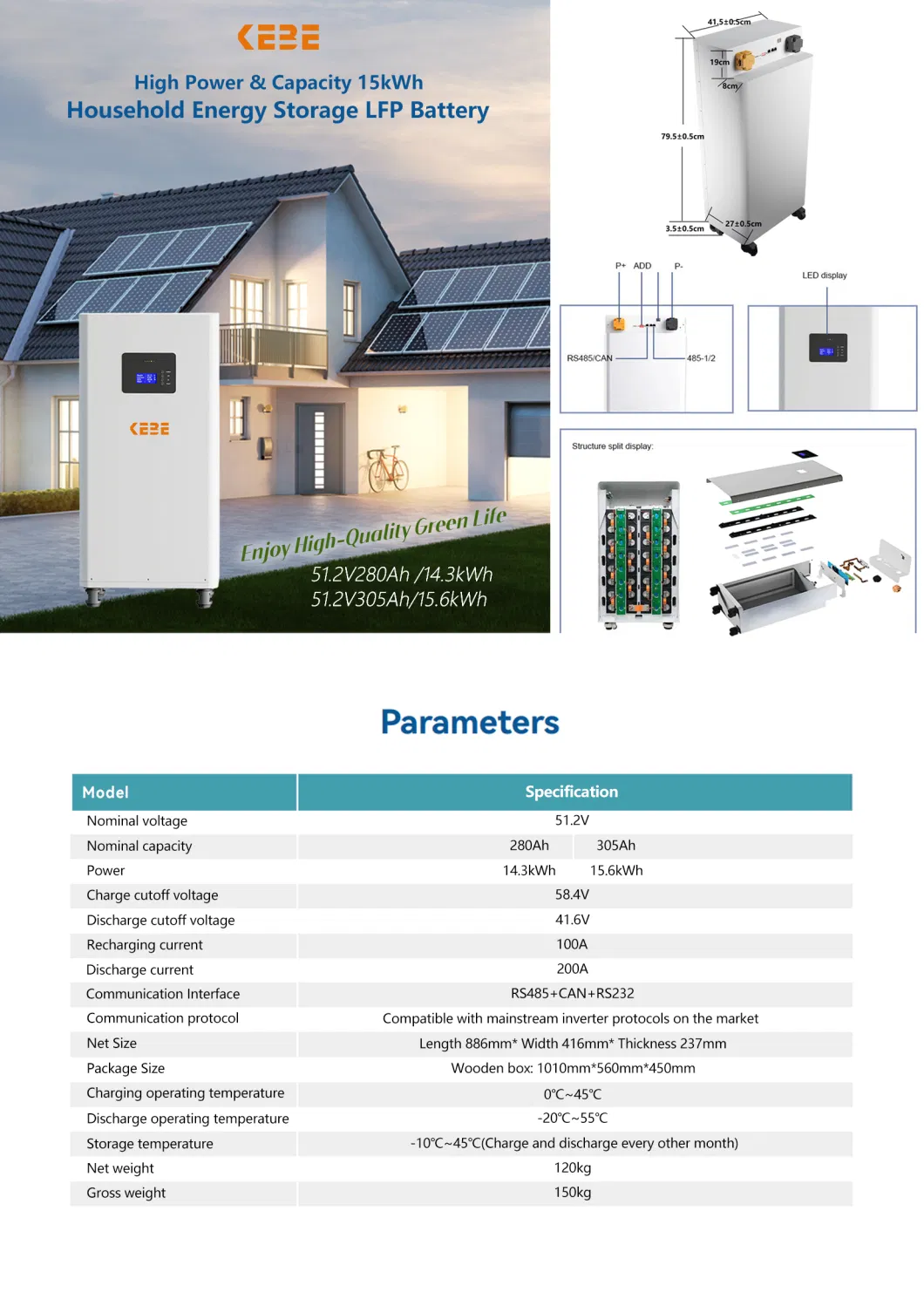 LiFePO4 Battery 14.3kwh 51.2V280ah RS485 Can RS232 Wheel Moving Parallel More for Bigger Capacity Battery Energy Solar System Solar Energy Storage 5 Years