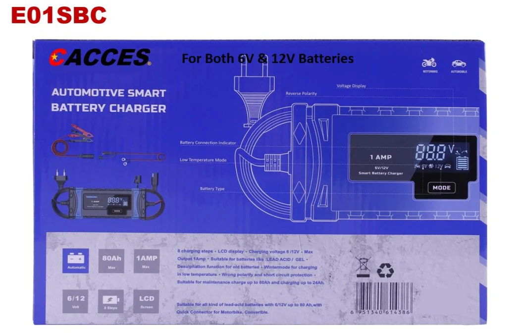 Car Battery Charger 12V/24V 1AMP 8 Stages Lithium Lead-Acid, Compatible Automotive Smart Battery Charger, W/ LCD Screen Maintainer/Pulse Repair Charge for Motor