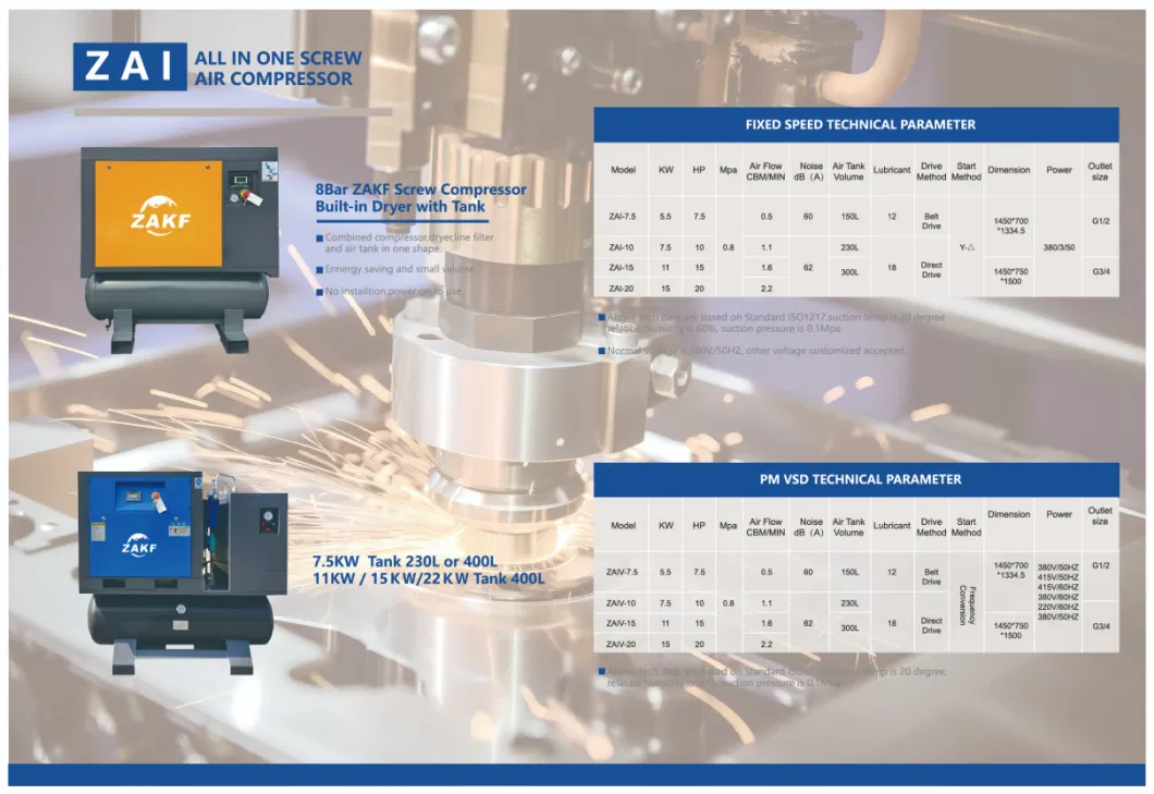 Zakf 7.5kw 220V 60Hz Cheap Industrial High Pressure Mining Screw Air Compressors Diesel Scroll Portable Rotary Compressor All in One Integrated Screw Compressor