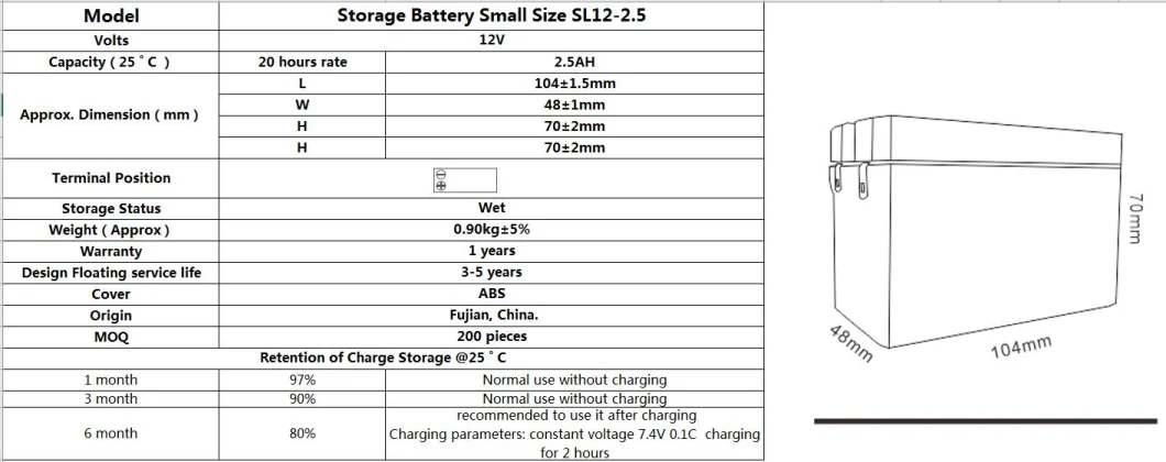 TCS 12 V 2.5Ah Solar Energy Storage For Electrical Power Systems Sl12-2.5