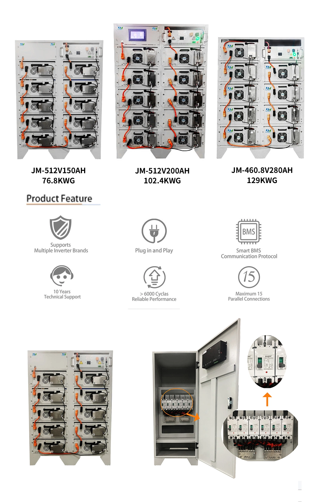 High Voltage Solar Battery Capacity Energy Storage 102kwh 51.2V off Grid on Grid Lithium Commercial Solar Battery