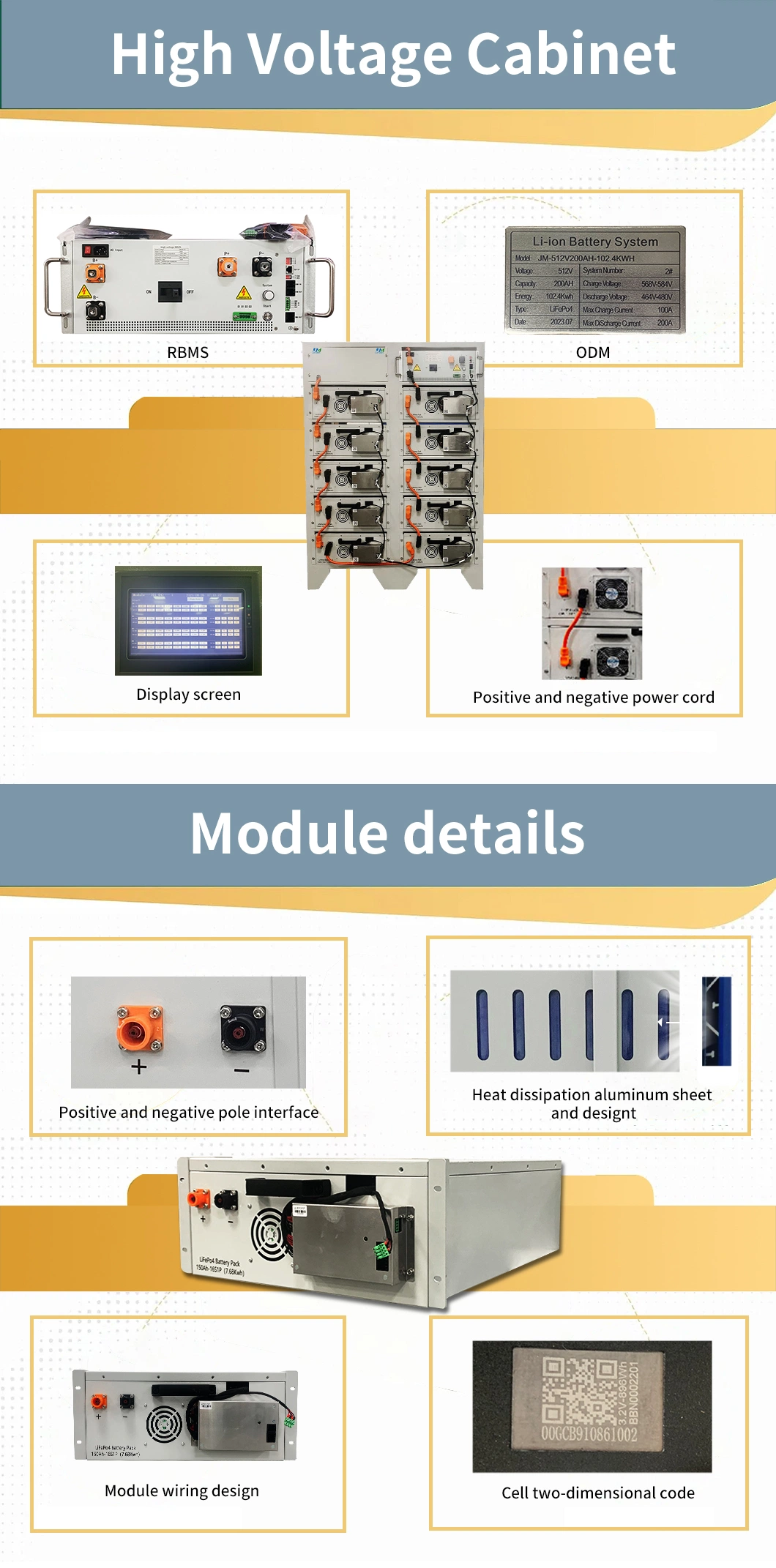 High Voltage Solar Battery Capacity Energy Storage 102kwh 51.2V off Grid on Grid Lithium Commercial Solar Battery