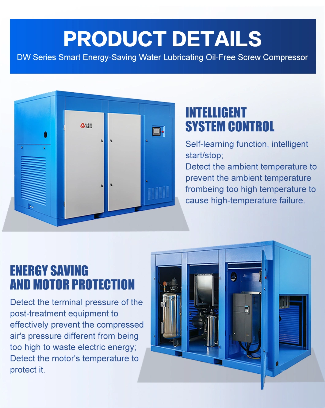 Customized Multi-Specifications Silent Oil Free Screw Air Compressor for Your Requirements