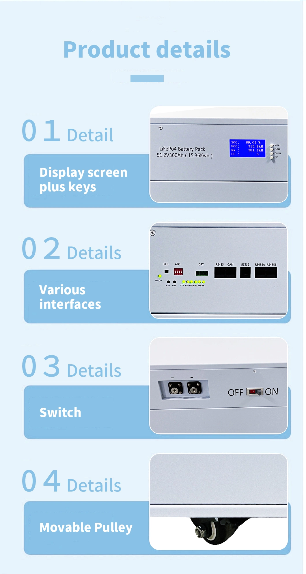 Catl 51.2V LiFePO4 Solar Batteries 48V 300ah Movable Battery Pack Home Energy Storage System Lithium Ion Solar Battery