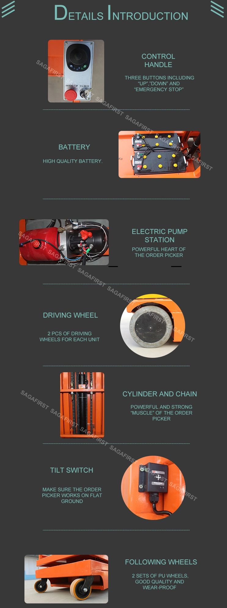 High End Indoor DC Battery Electric Walking Self Driven Order Picker Forklift