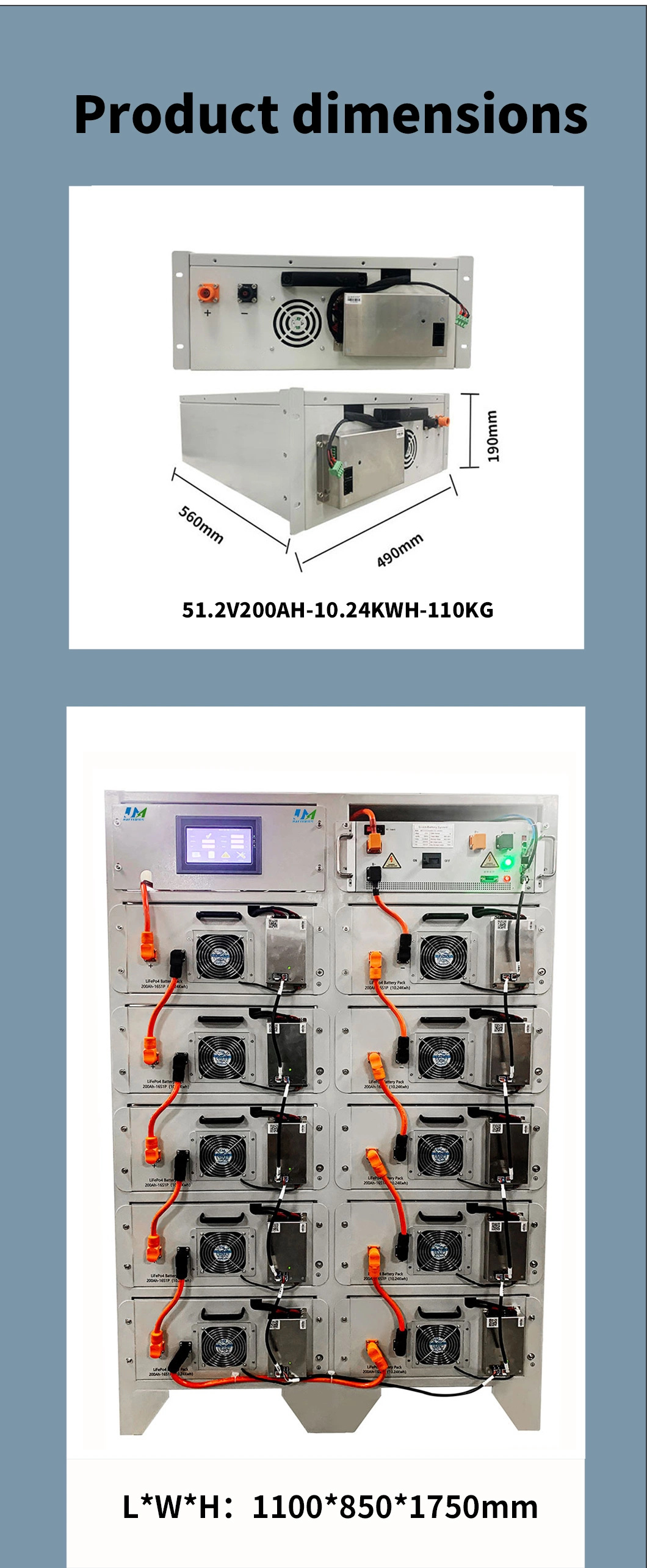 High Voltage Solar Battery Capacity Energy Storage 102kwh 51.2V off Grid on Grid Lithium Commercial Solar Battery