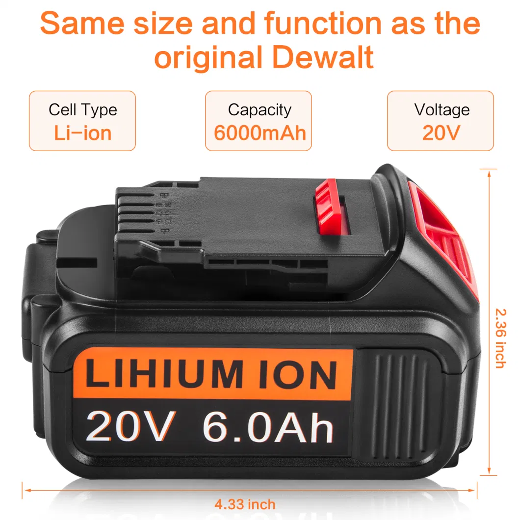 6.0ah 20V Max Lithium Ion Replacement Battery Dcb200 Dcb201 Dcb203 Dcb204 Dcb205 Dcb206 Dcb207 Compatible with Dcd/Dcf/Dcg/Dcs 20 Volt Series Tools