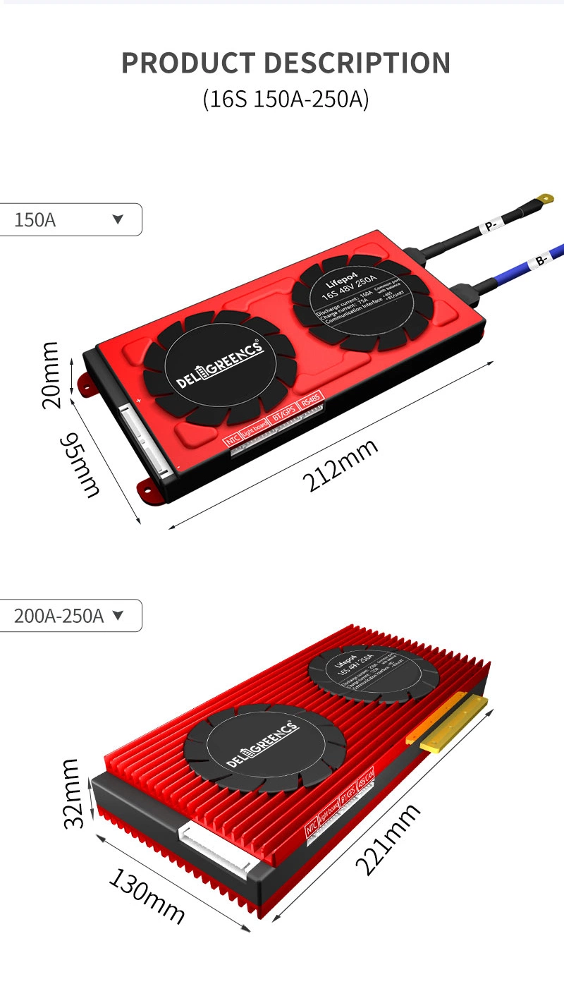 Deligreen 48V BMS 200A 250A 300A 400A 500A High Discharge Current 3.2V LiFePO4 BMS 48V16s for Car Solar Inverter 4s-16s Smart BMS