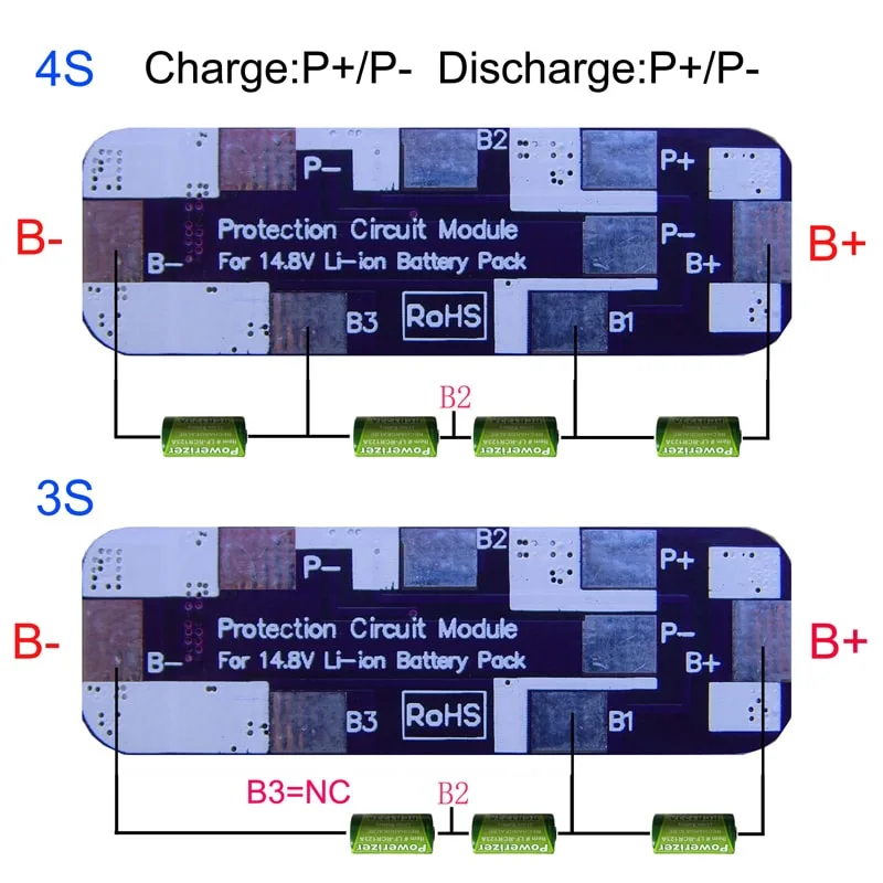 3s 4s 7A BMS for 14.4V 14.8V Li-ion/Lithium/Li-Polymer 12V 12.8V LiFePO4 Battery Pack Size L50*W16*T4mm (PCM-Li04S8-016)