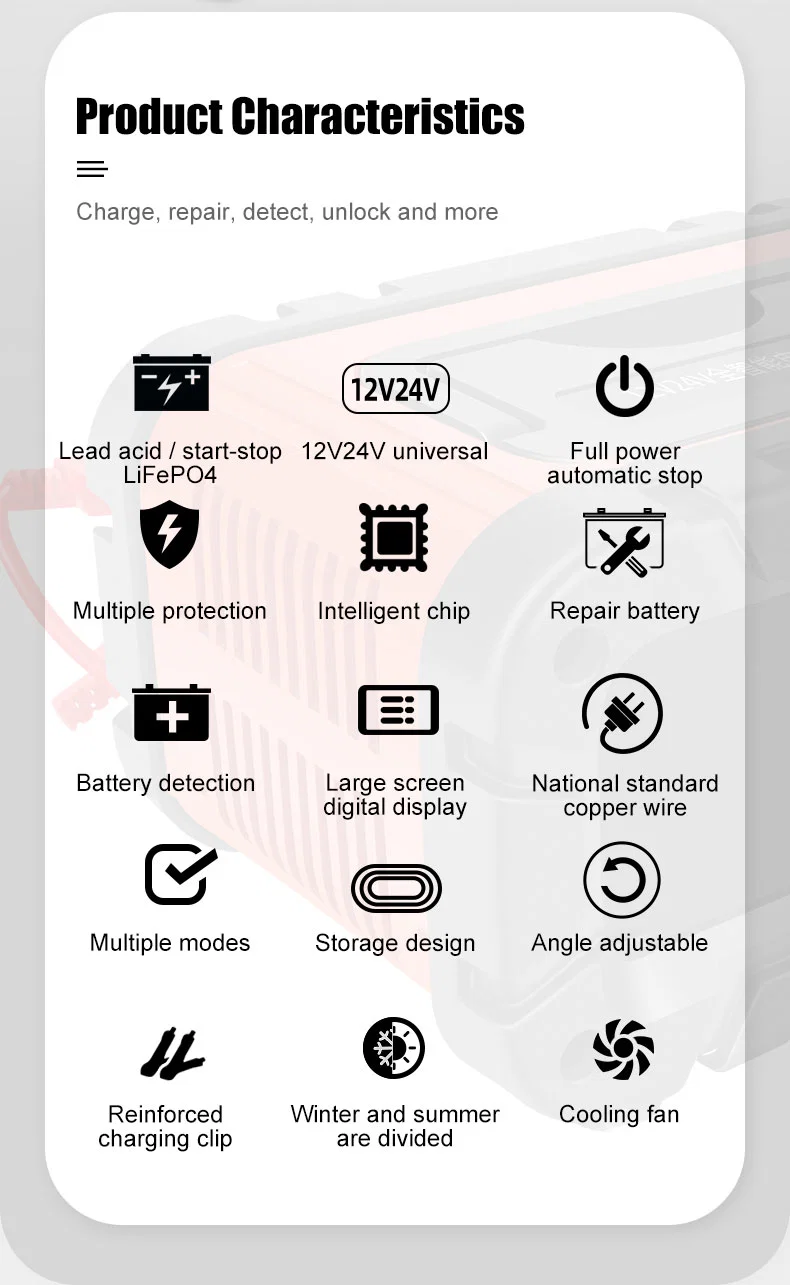 Car Battery Charger 12V/24V 20A Touch Screen Automatic Pulse Repair Charger for Motorcycle Lead Acid AGM Gel Lithium Batteries