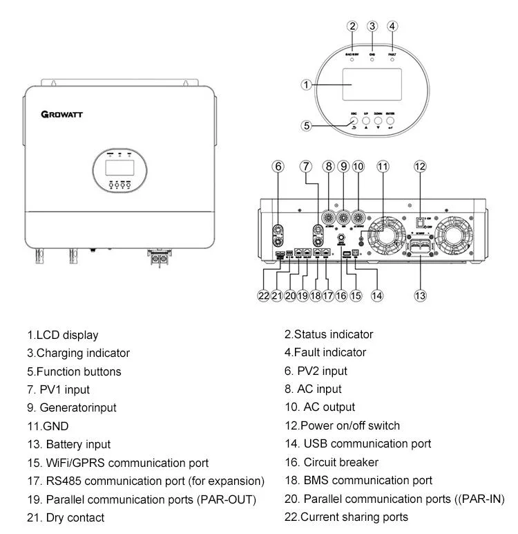 Growatt SPF 6000es Plus off-Grid Hybrid 48V Inverter for Lithium Ion Battery 220V Single Output for Home