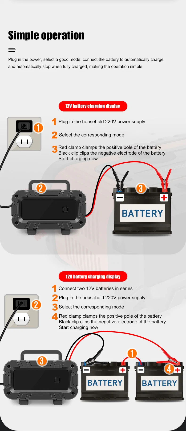 Portable 24V 5A 7-Stage Lead Acid AGM LiFePO4 Motorcycle Car Battery Charger 12V 10A Smart LCD Display Automatic Charger