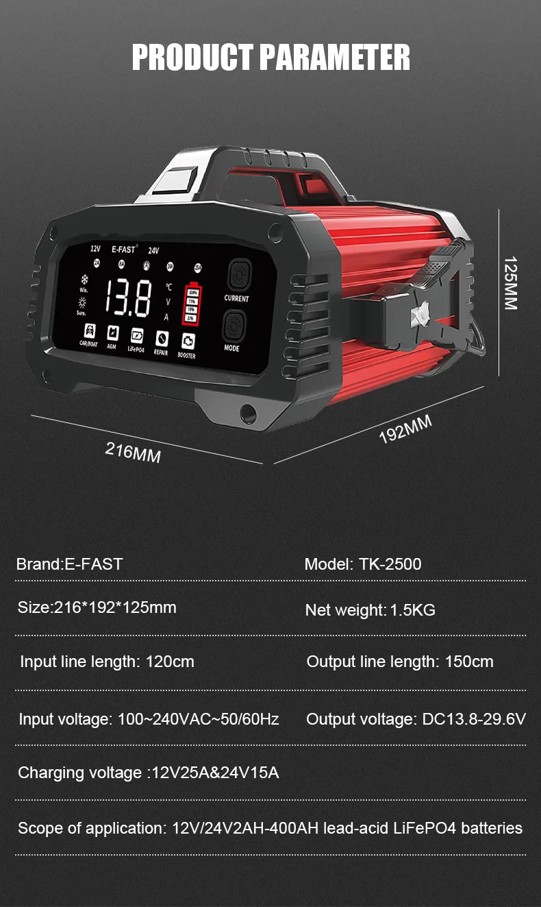 Portable Assisted Start Battery Charger 12V25A 24V15A Auto Pulse Battery Desulfator