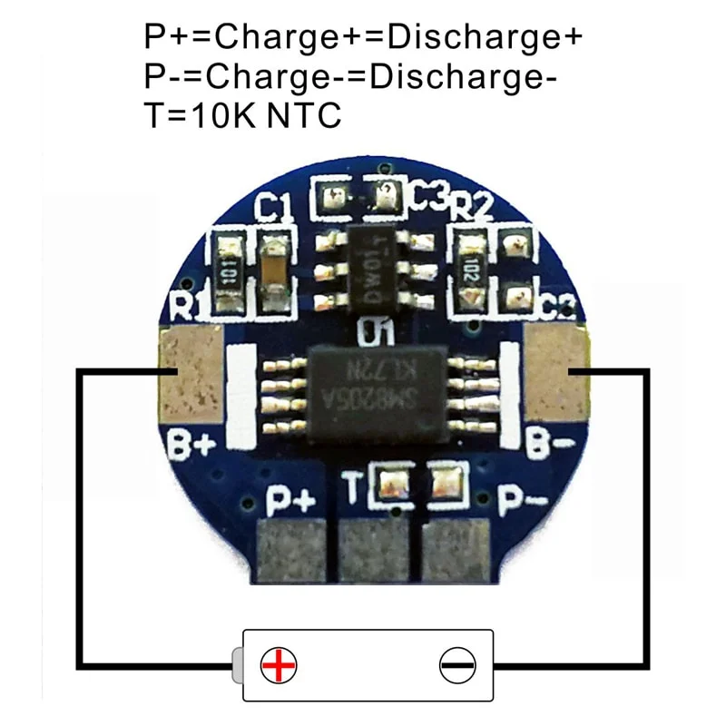 1s 3A Round BMS for 3.6V 3.7V Li-ion/Lithium/Li-Polymer 3V 3.2V LiFePO4 Battery Pack Size &Phi; 14mm with Ntc (PCM-Li01S3-107)