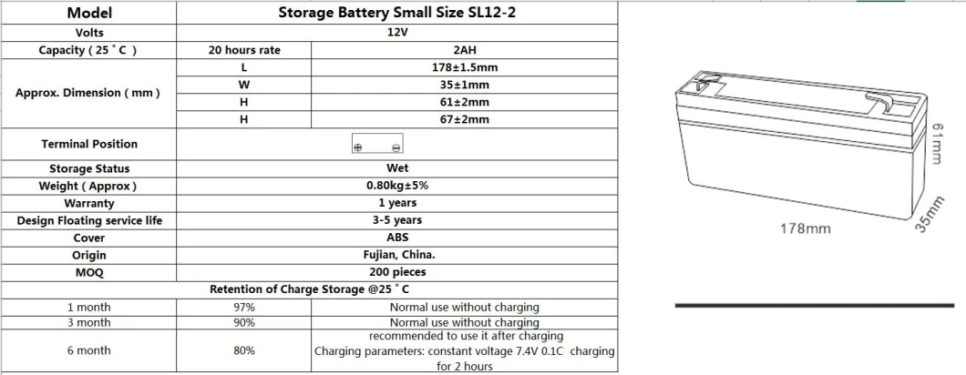 TCS 12 V 2Ah Solar Electricity Battery Storage For Engine Start Sl12-2