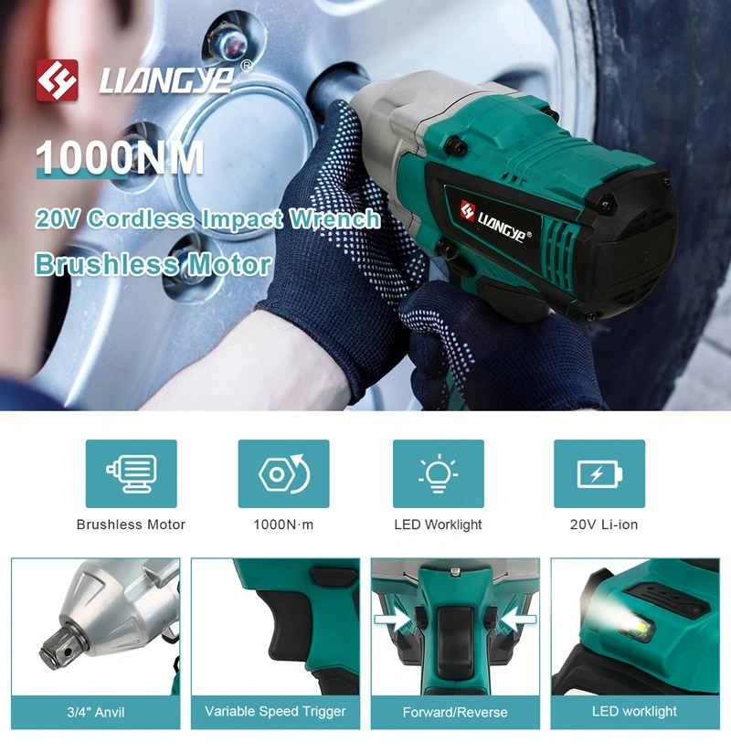 Liangye 18V Car Repair Tools 1/2 Inch 1000nm Cordless Battery Impact Wrench