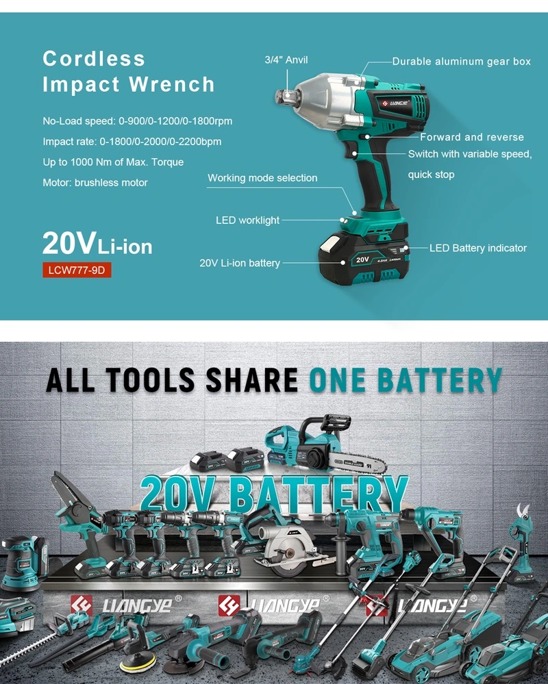 Liangye 18V Car Repair Tools 1/2 Inch 1000nm Cordless Battery Impact Wrench