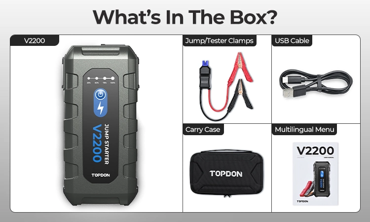 Topdon America Stock V2200 2200A Peak 12V 16000mAh Portable Multi Function Emergency Jump Pack Box Power Bank Mini Auto Truck Car Booster Battery Jump Starter