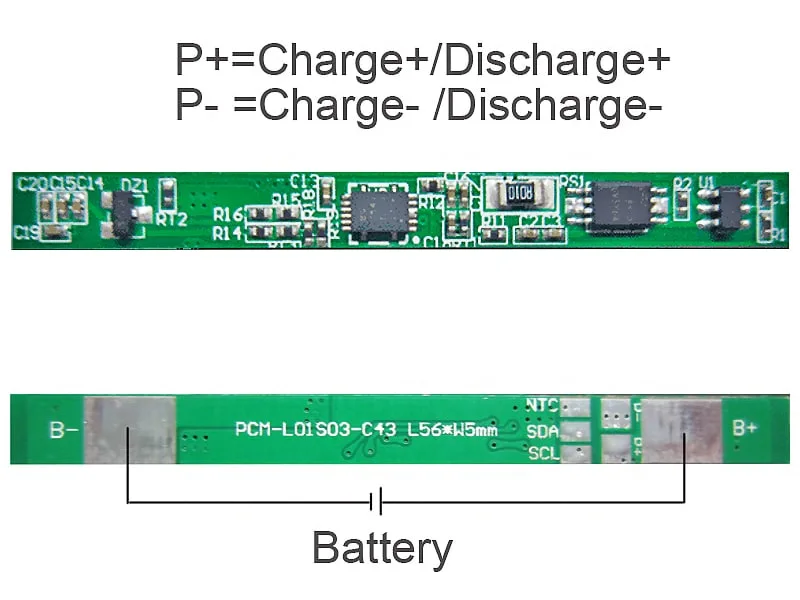 1s 3A BMS for 3.6V 3.7V Li-ion/Lithium/Li-Polymer 3V 3.2V LiFePO4 Battery Pack with I2c Protocol and Ntc Size L56*W5*T2.5mm (PCM-L01S03-C43)