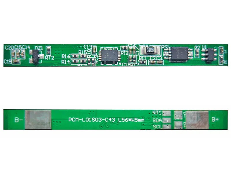 1s 3A BMS for 3.6V 3.7V Li-ion/Lithium/Li-Polymer 3V 3.2V LiFePO4 Battery Pack with I2c Protocol and Ntc Size L56*W5*T2.5mm (PCM-L01S03-C43)