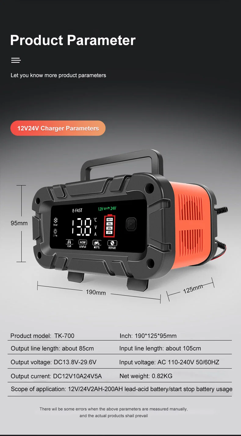 Portable 24V 5A 7-Stage Lead Acid AGM LiFePO4 Motorcycle Car Battery Charger 12V 10A Smart LCD Display Automatic Charger