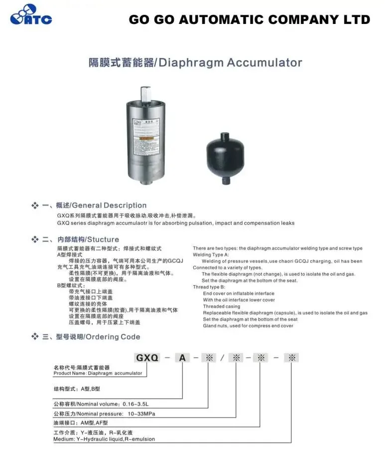 Hydraulic Diaphragm Accumulator Gxq-a-0.32 L 210bar Pressure 10MPa