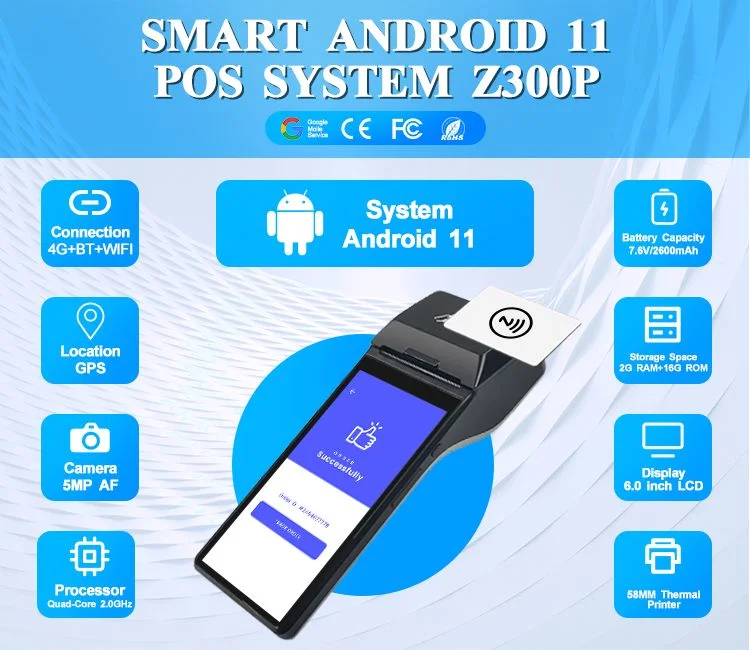 POS Manufacturer Android 11 Touch Screen Smart POS Terminal Receipt Printer Handheld POS Systems (Z300P)