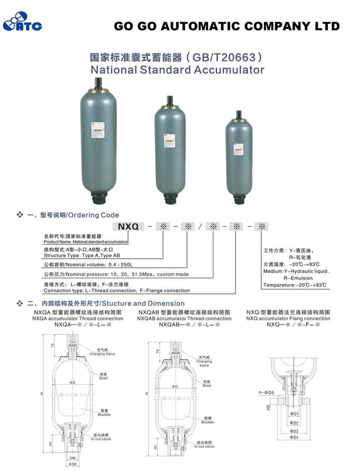 Nxq-a-0.4L 0.63L 1.6L 2.5L 4L 6.3L 10L 16L 25L 40L Hydraulic Bladder Accumulator 31.5MPa 10MPa Factory Price