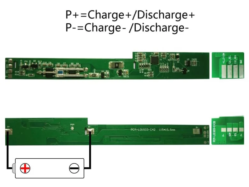 1s 3a BMS for 3.6V 3.7V Li-ion/Lithium/Li-Polymer 3V 3.2V LiFePO4 Battery Pack with Smbus Protocol Size L115*W15.5*T3.5mm (PCM-L01S03-C42)