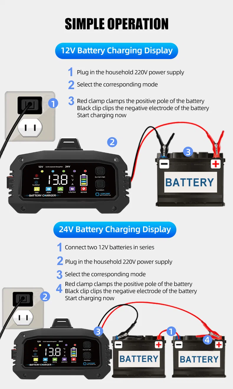 12V 24V Car Battery Charger 25A 20A 15A 8A 2A Lithium Ion and Lead Acid Battery Charger with Aluminum Case