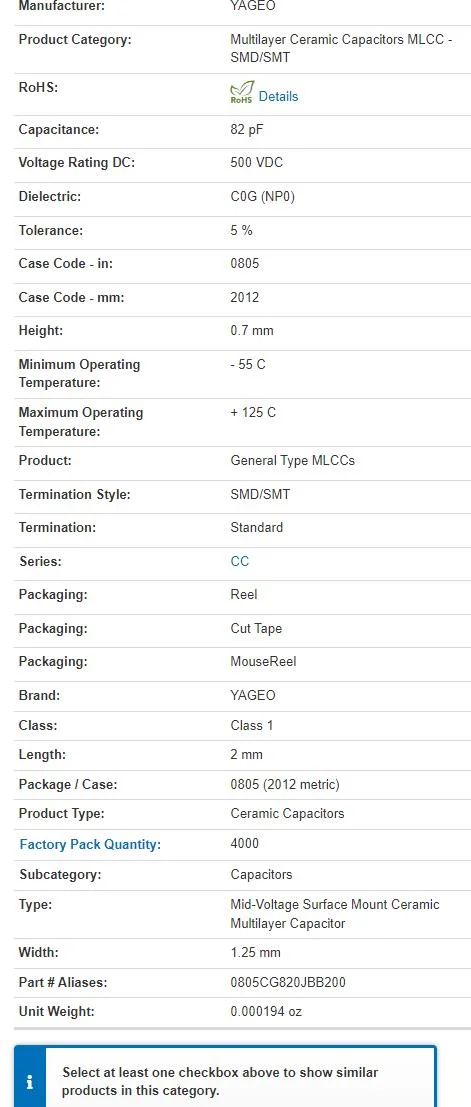 MLCC CC0805JRNPOBBN820 500V 82pF C0G 0805 5% High Voltage SMD/SMT Capacitor Yageo