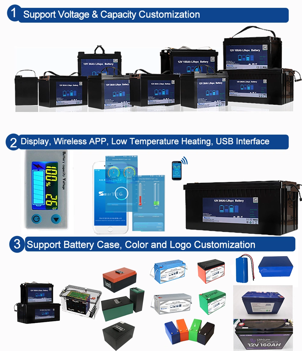 Customized 12V Solar Storage Lithium Battery Deep Cycle 12.8V 200ah LiFePO4 Battery for Home Solar Energy Storage with BMS Can/RS232/RS485 Communication