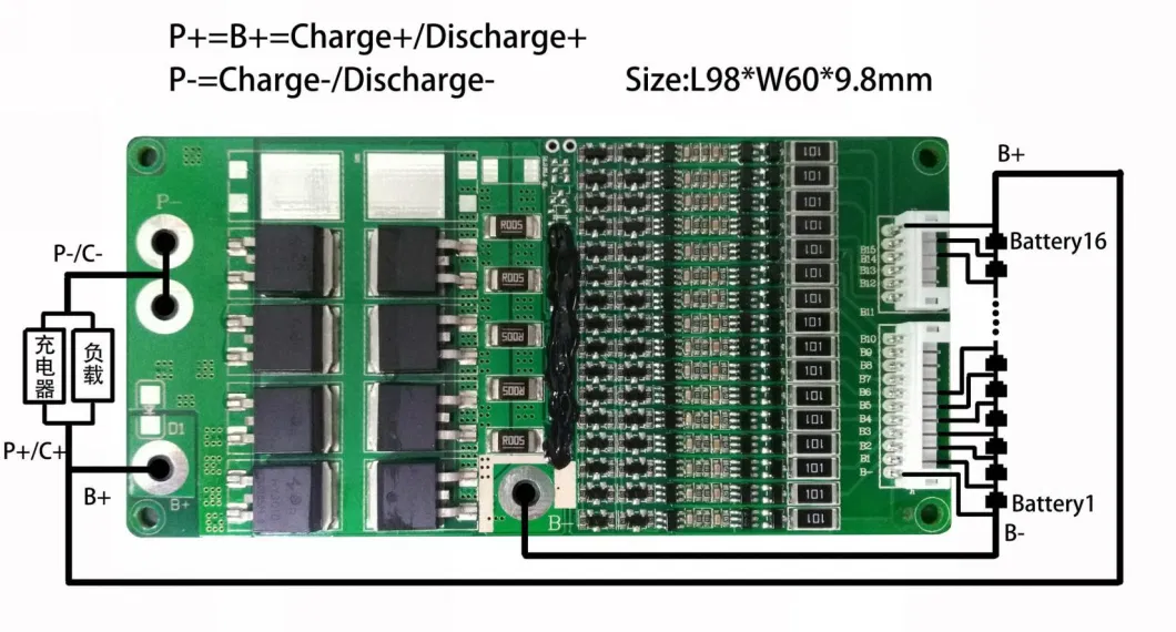 Lws-16s20A-217-L98*W60*T9.8mm RoHS 94V0 51.2V Smart BMS 16s 20A for LiFePO4 Battery Pack 16s PCB PCM51.2V 20A