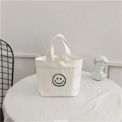 Año Nuevo personalizado Moda Eco-amigable Reusable pequeña Publicidad cara sonriente Mango impreso Compras Regalo Playa naturaleza Orgánica Canvas algodón Calico Bolsa de mano